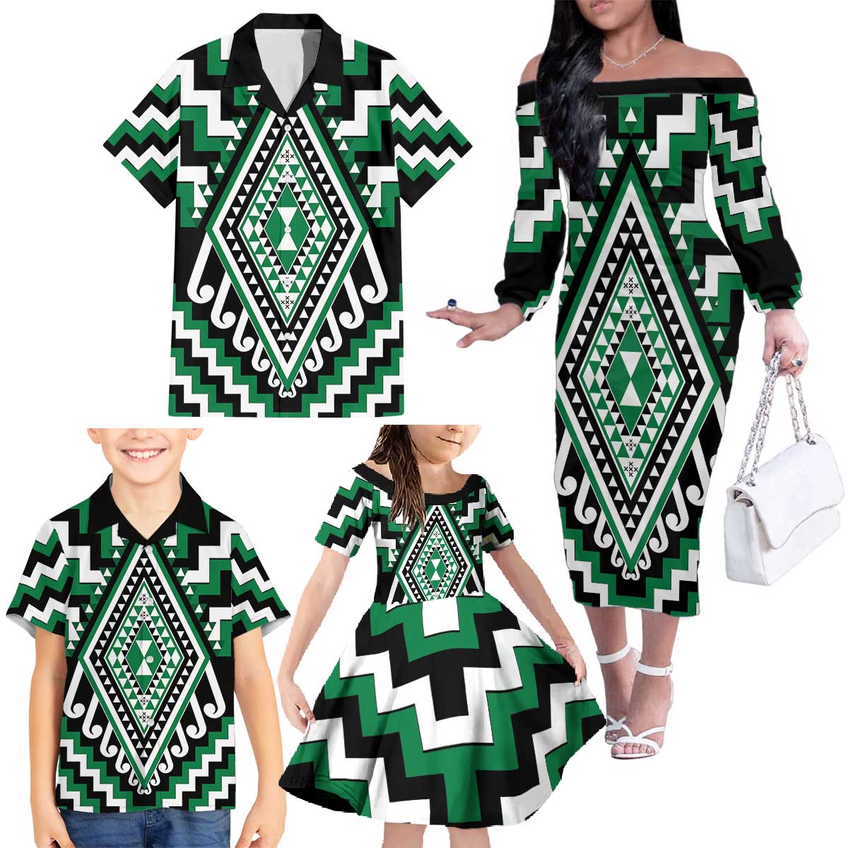 Green Aotearoa Taniko Poutama Patikitiki Family Matching Off The Shoulder Long Sleeve Dress and Hawaiian Shirt LT14 - Polynesian Pride
