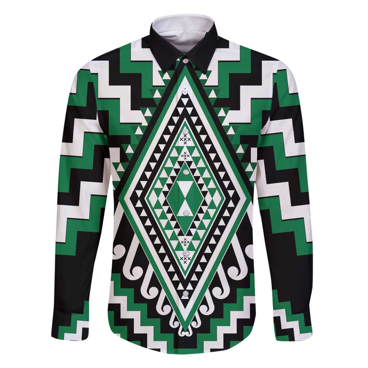 Green Aotearoa Taniko Poutama Patikitiki Family Matching Off The Shoulder Long Sleeve Dress and Hawaiian Shirt LT14 Dad's Shirt - Long Sleeve Green - Polynesian Pride