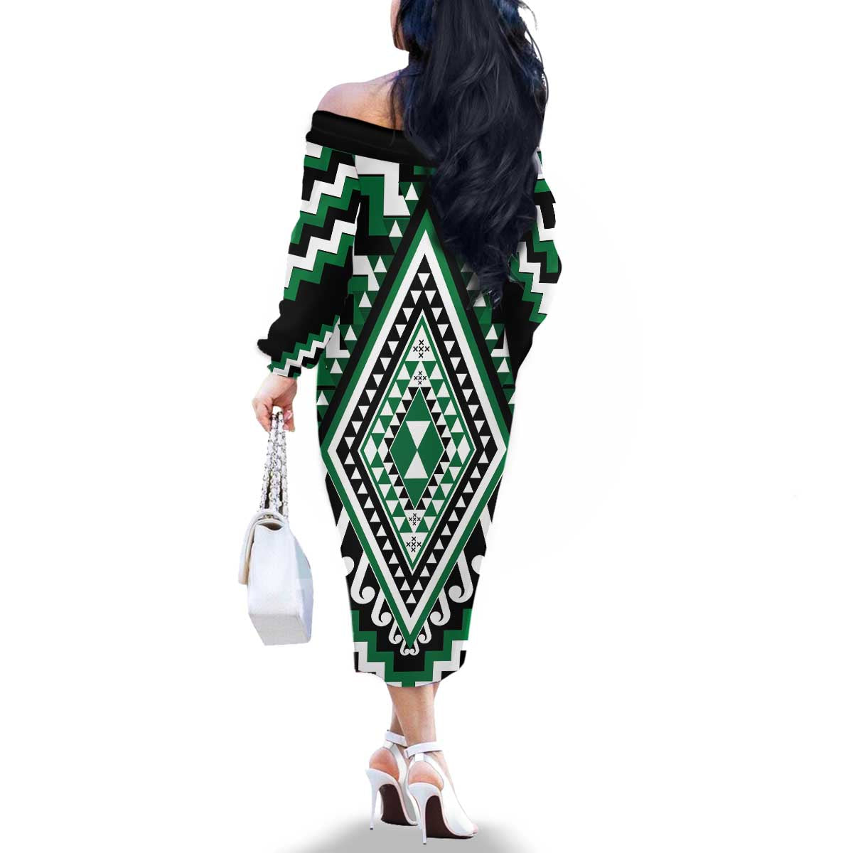 Green Aotearoa Taniko Poutama Patikitiki Family Matching Off The Shoulder Long Sleeve Dress and Hawaiian Shirt LT14 - Polynesian Pride