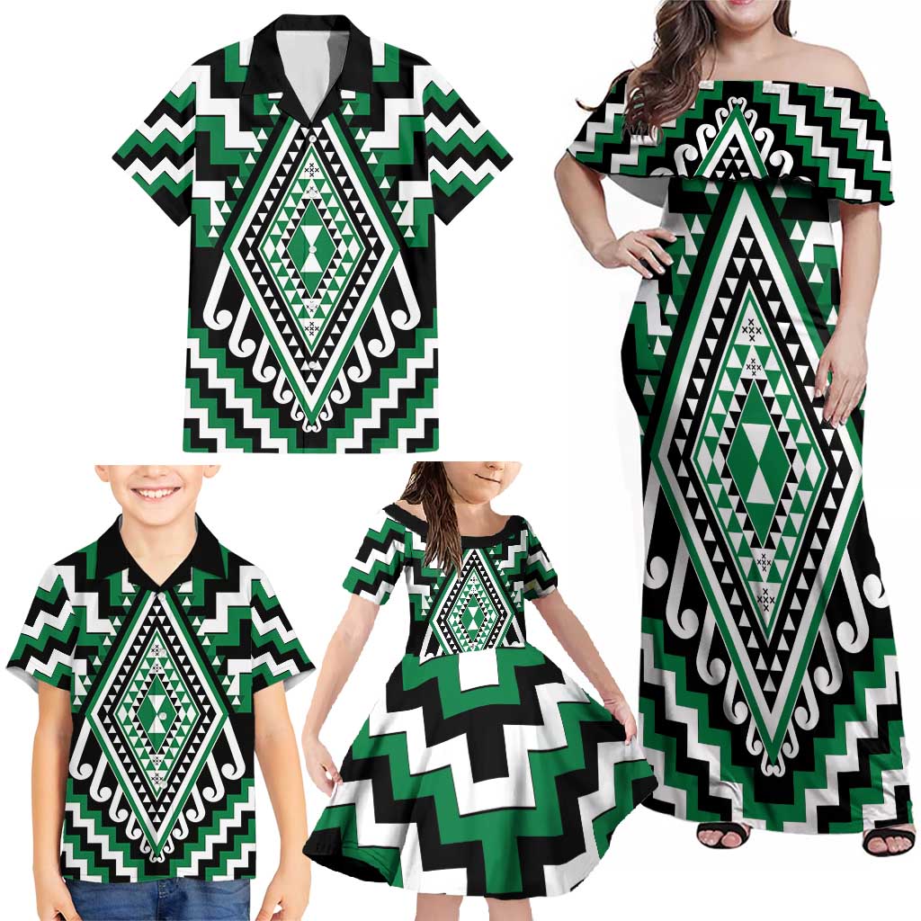 Green Aotearoa Taniko Poutama Patikitiki Family Matching Off Shoulder Maxi Dress and Hawaiian Shirt LT14 - Polynesian Pride