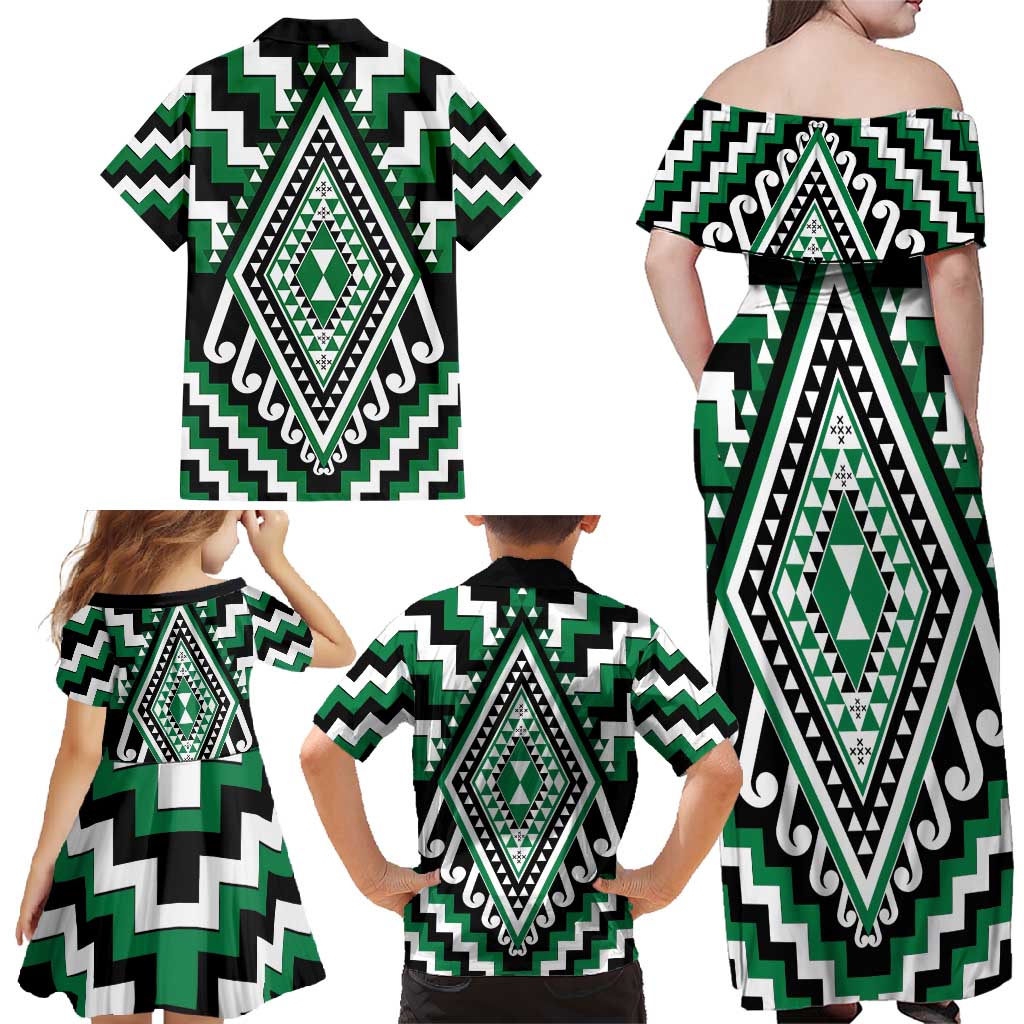 Green Aotearoa Taniko Poutama Patikitiki Family Matching Off Shoulder Maxi Dress and Hawaiian Shirt LT14 - Polynesian Pride