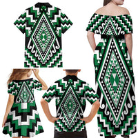 Green Aotearoa Taniko Poutama Patikitiki Family Matching Off Shoulder Maxi Dress and Hawaiian Shirt LT14 - Polynesian Pride