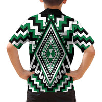 Green Aotearoa Taniko Poutama Patikitiki Family Matching Off Shoulder Short Dress and Hawaiian Shirt LT14 - Polynesian Pride
