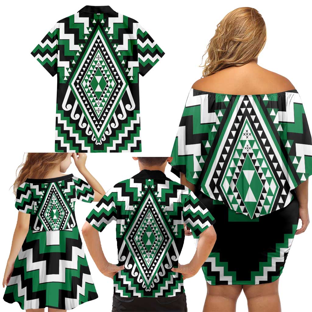 Green Aotearoa Taniko Poutama Patikitiki Family Matching Off Shoulder Short Dress and Hawaiian Shirt LT14 - Polynesian Pride