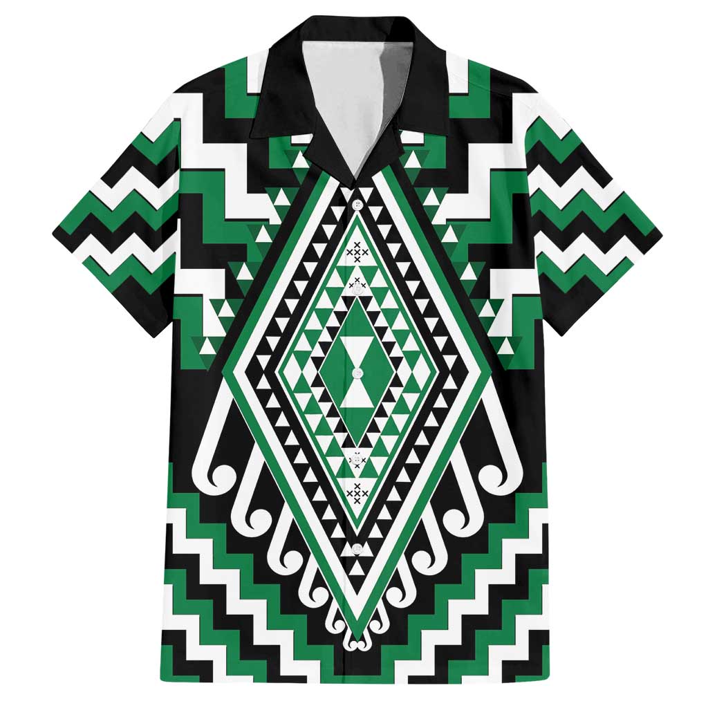 Green Aotearoa Taniko Poutama Patikitiki Family Matching Off Shoulder Short Dress and Hawaiian Shirt LT14 Dad's Shirt - Short Sleeve Green - Polynesian Pride
