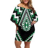 Green Aotearoa Taniko Poutama Patikitiki Family Matching Off Shoulder Short Dress and Hawaiian Shirt LT14 Mom's Dress Green - Polynesian Pride