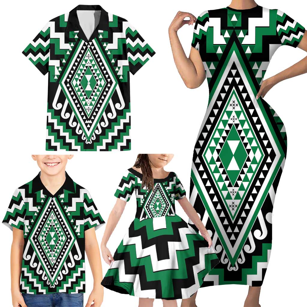 Green Aotearoa Taniko Poutama Patikitiki Family Matching Short Sleeve Bodycon Dress and Hawaiian Shirt LT14 - Polynesian Pride