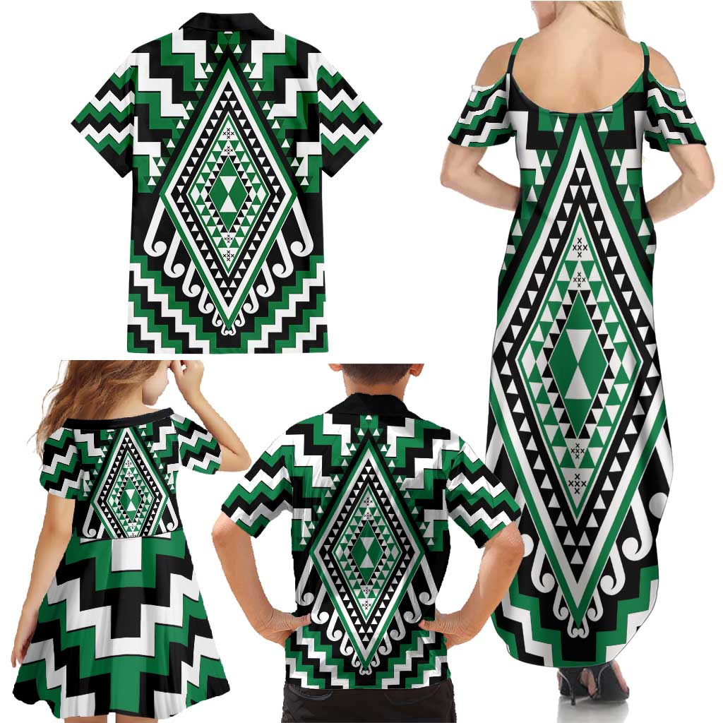 Green Aotearoa Taniko Poutama Patikitiki Family Matching Summer Maxi Dress and Hawaiian Shirt LT14 - Polynesian Pride