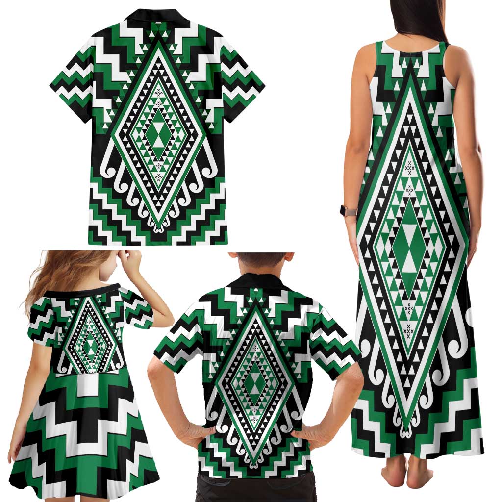 Green Aotearoa Taniko Poutama Patikitiki Family Matching Tank Maxi Dress and Hawaiian Shirt LT14 - Polynesian Pride