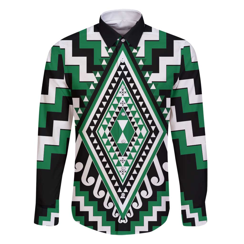 Green Aotearoa Taniko Poutama Patikitiki Family Matching Tank Maxi Dress and Hawaiian Shirt LT14 Dad's Shirt - Long Sleeve Green - Polynesian Pride