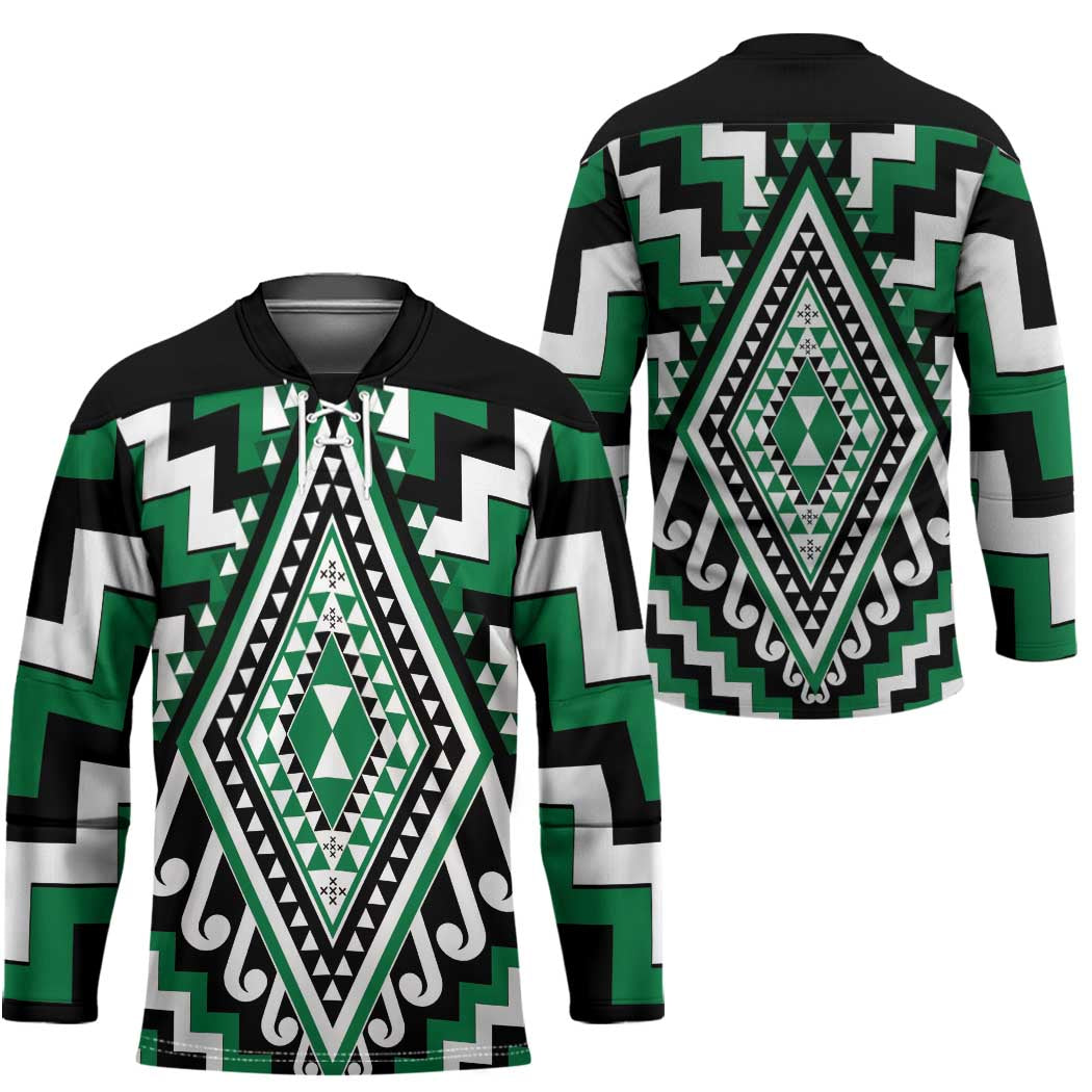 Green New Zealand Taniko Poutama Patikitiki Hockey Jersey - Polynesian Pride
