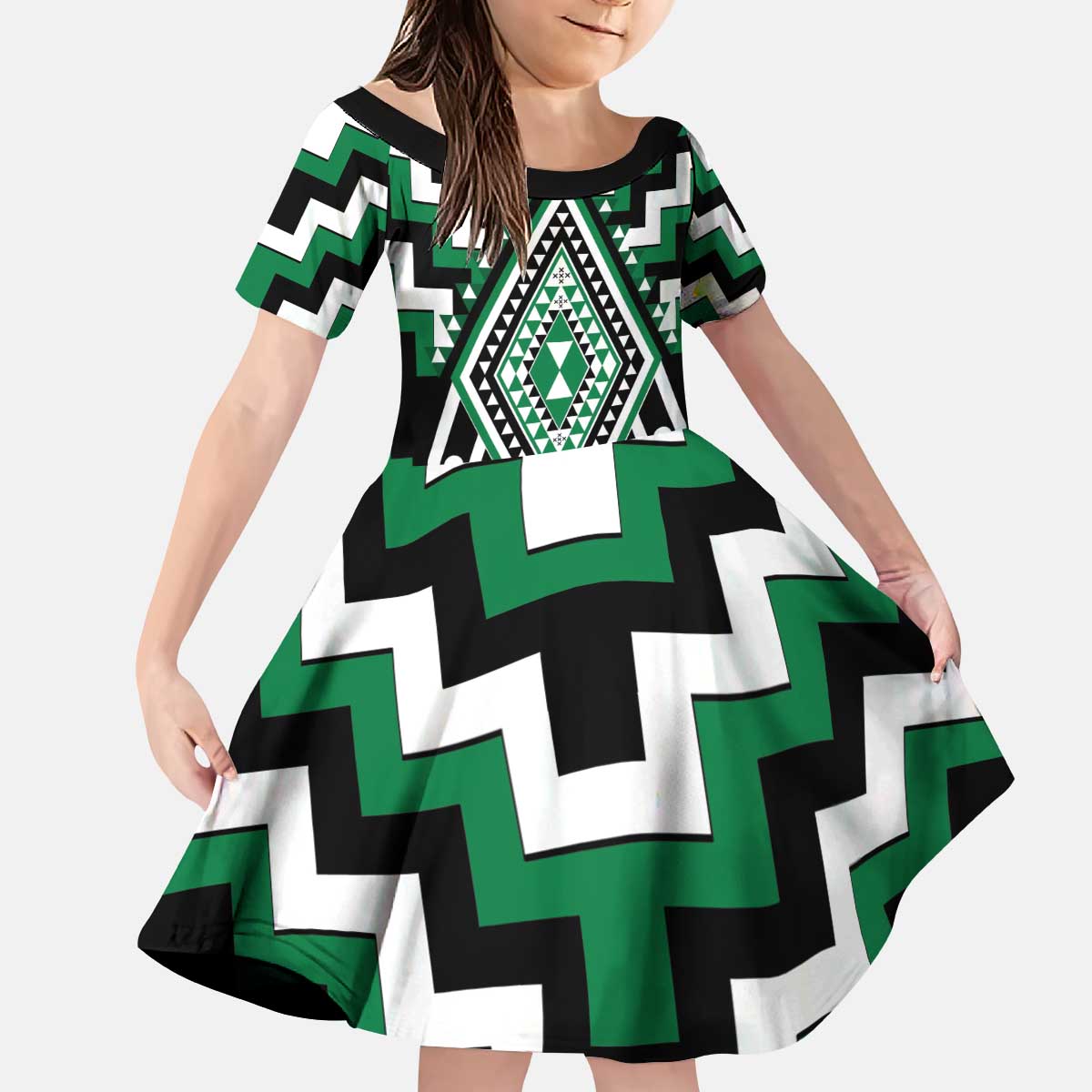 Green Aotearoa Taniko Poutama Patikitiki Kid Short Sleeve Dress