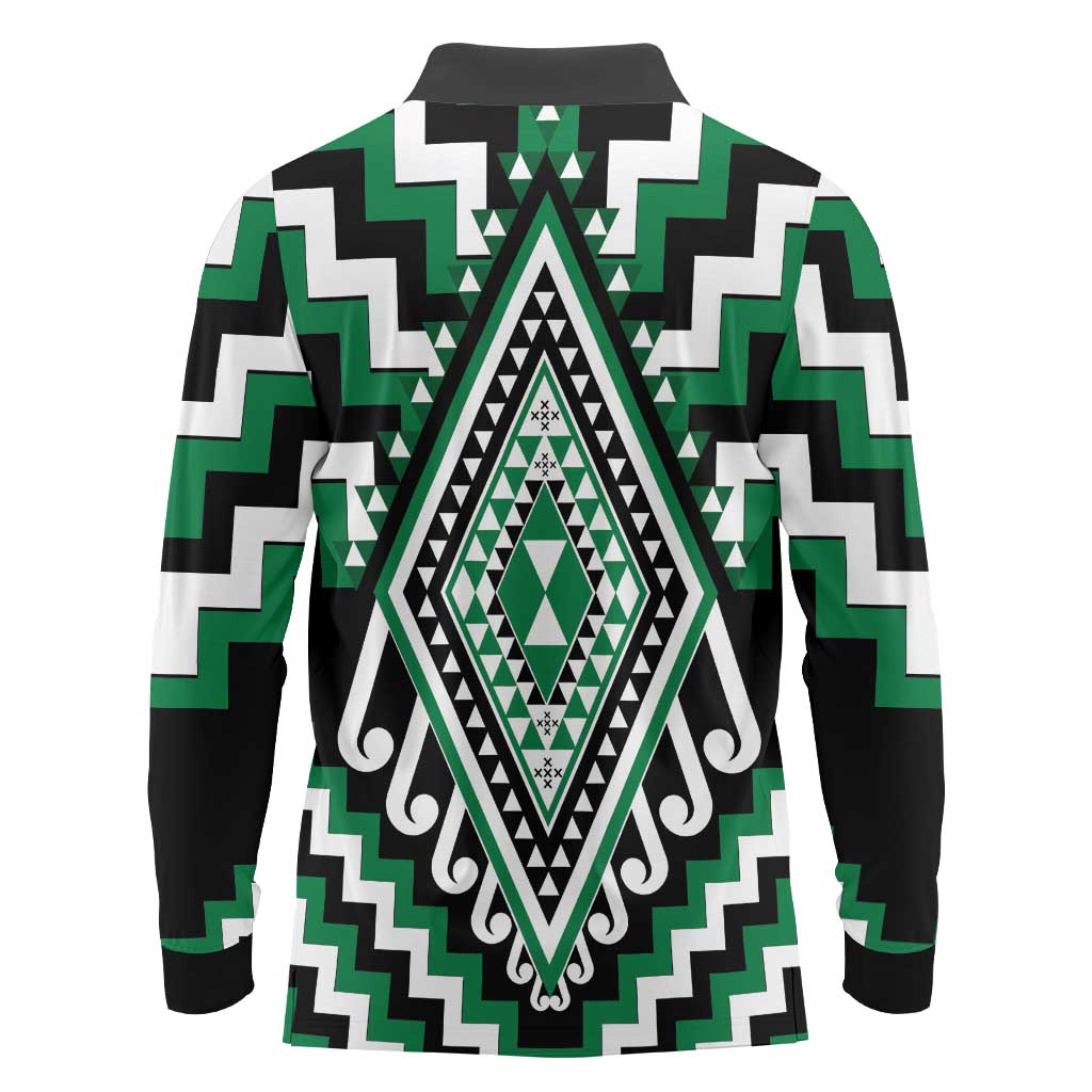 Green Aotearoa Taniko Poutama Patikitiki Long Sleeve Polo Shirt