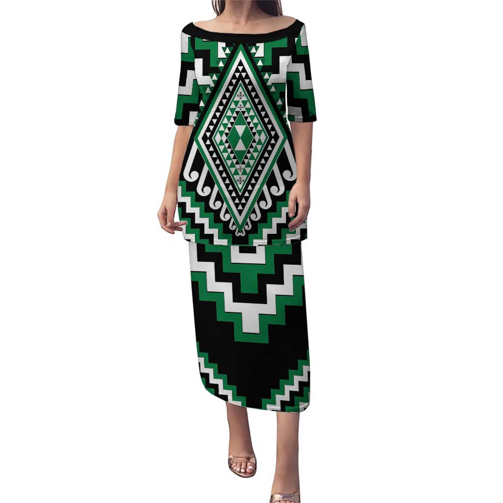 Green Aotearoa Taniko Poutama Patikitiki Puletasi LT14 Long Dress Green - Polynesian Pride