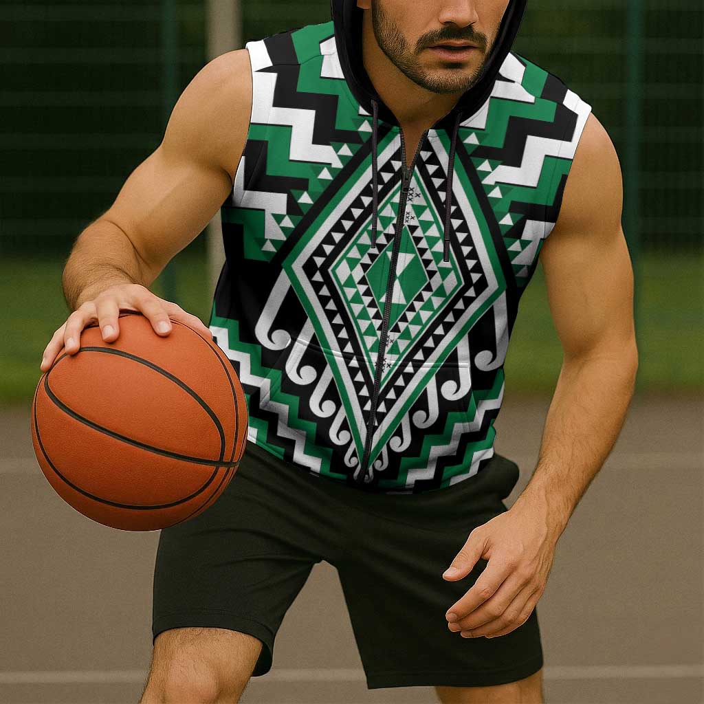 Green New Zealand Taniko Poutama Patikitiki Sleeveless Zip Hoodie - Polynesian Pride