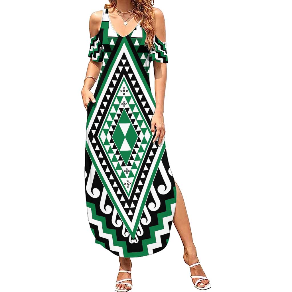 Green Aotearoa Taniko Poutama Patikitiki Summer Maxi Dress
