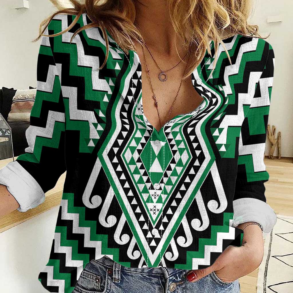 Green Aotearoa Taniko Poutama Patikitiki Women Casual Shirt LT14 Female Green - Polynesian Pride
