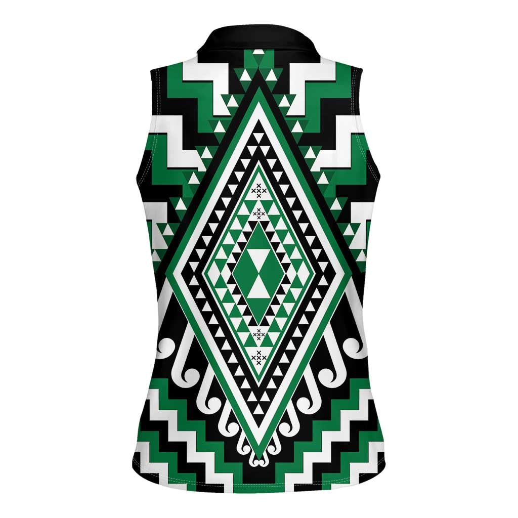 Green Aotearoa Taniko Poutama Patikitiki Women Sleeveless Polo Shirt