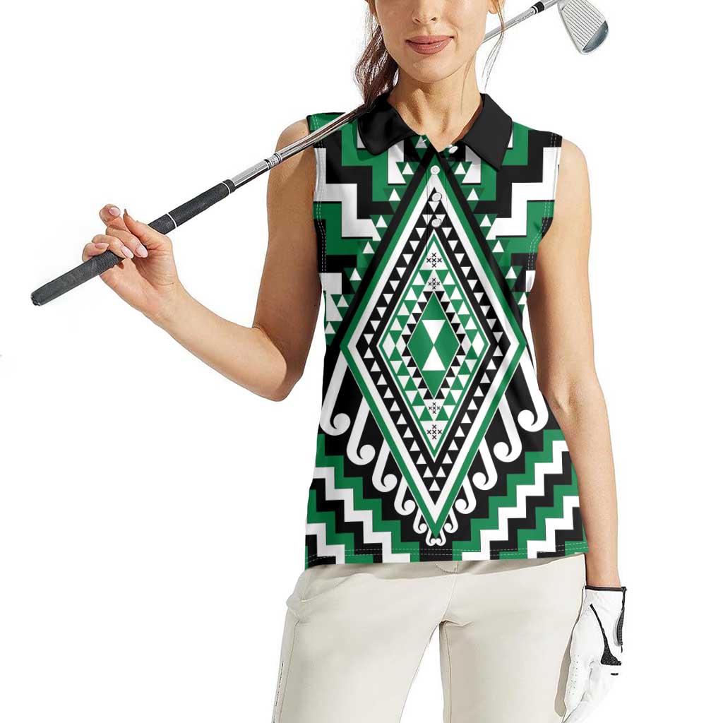 Green Aotearoa Taniko Poutama Patikitiki Women Sleeveless Polo Shirt