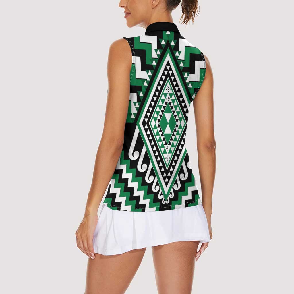 Green Aotearoa Taniko Poutama Patikitiki Women Sleeveless Polo Shirt