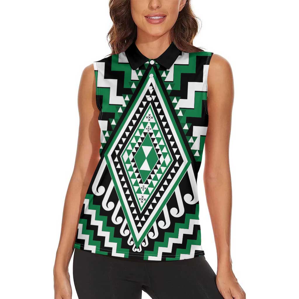 Green Aotearoa Taniko Poutama Patikitiki Women Sleeveless Polo Shirt