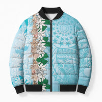 Cook Islands Tiare Maori With Conch Shell Bomber Puffer Jacket Pasifika Fest Polynesian Tattoo Turquoise
