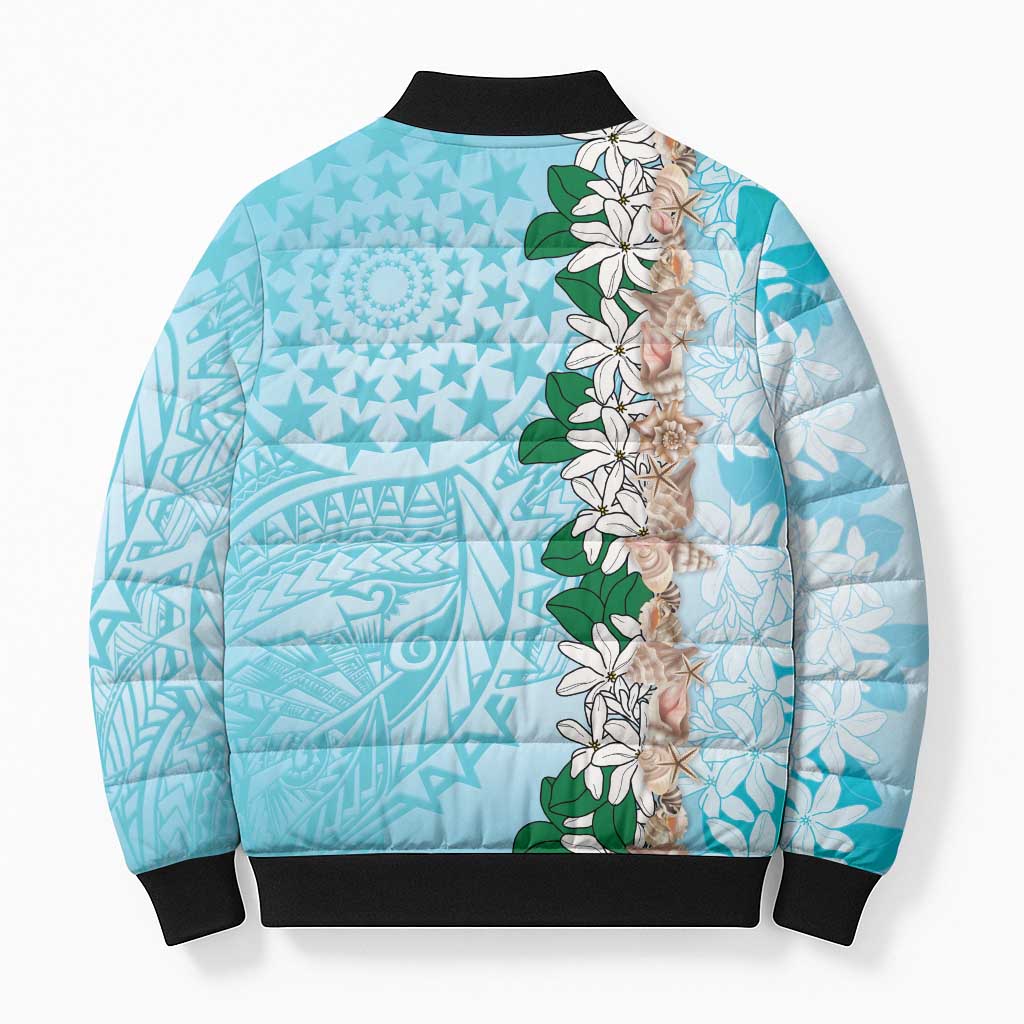 Cook Islands Tiare Maori With Conch Shell Bomber Puffer Jacket Pasifika Fest Polynesian Tattoo Turquoise