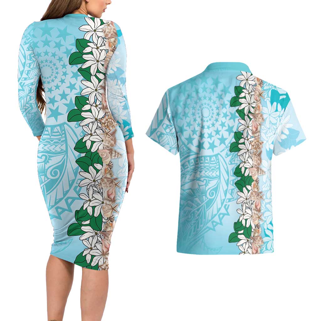 Cook Islands Tiare Maori With Conch Shell Couples Matching Long Sleeve Bodycon Dress and Hawaiian Shirt Pasifika Fest Polynesian Tattoo Turquoise LT14 - Polynesian Pride