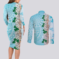 Cook Islands Tiare Maori With Conch Shell Couples Matching Long Sleeve Bodycon Dress and Long Sleeve Button Shirt Pasifika Fest Polynesian Tattoo Turquoise