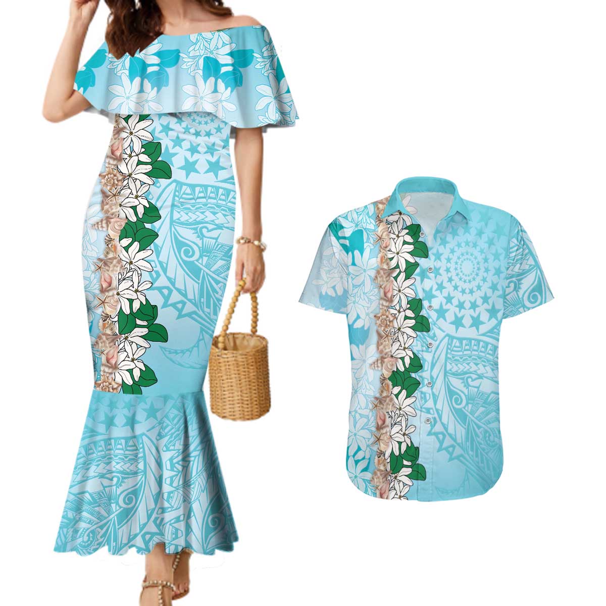 Cook Islands Tiare Maori With Conch Shell Couples Matching Mermaid Dress and Hawaiian Shirt Pasifika Fest Polynesian Tattoo Turquoise