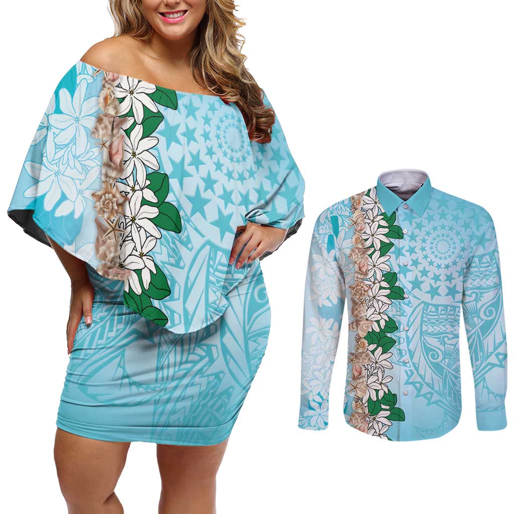 Cook Islands Tiare Maori With Conch Shell Couples Matching Off Shoulder Short Dress and Long Sleeve Button Shirt Pasifika Fest Polynesian Tattoo Turquoise