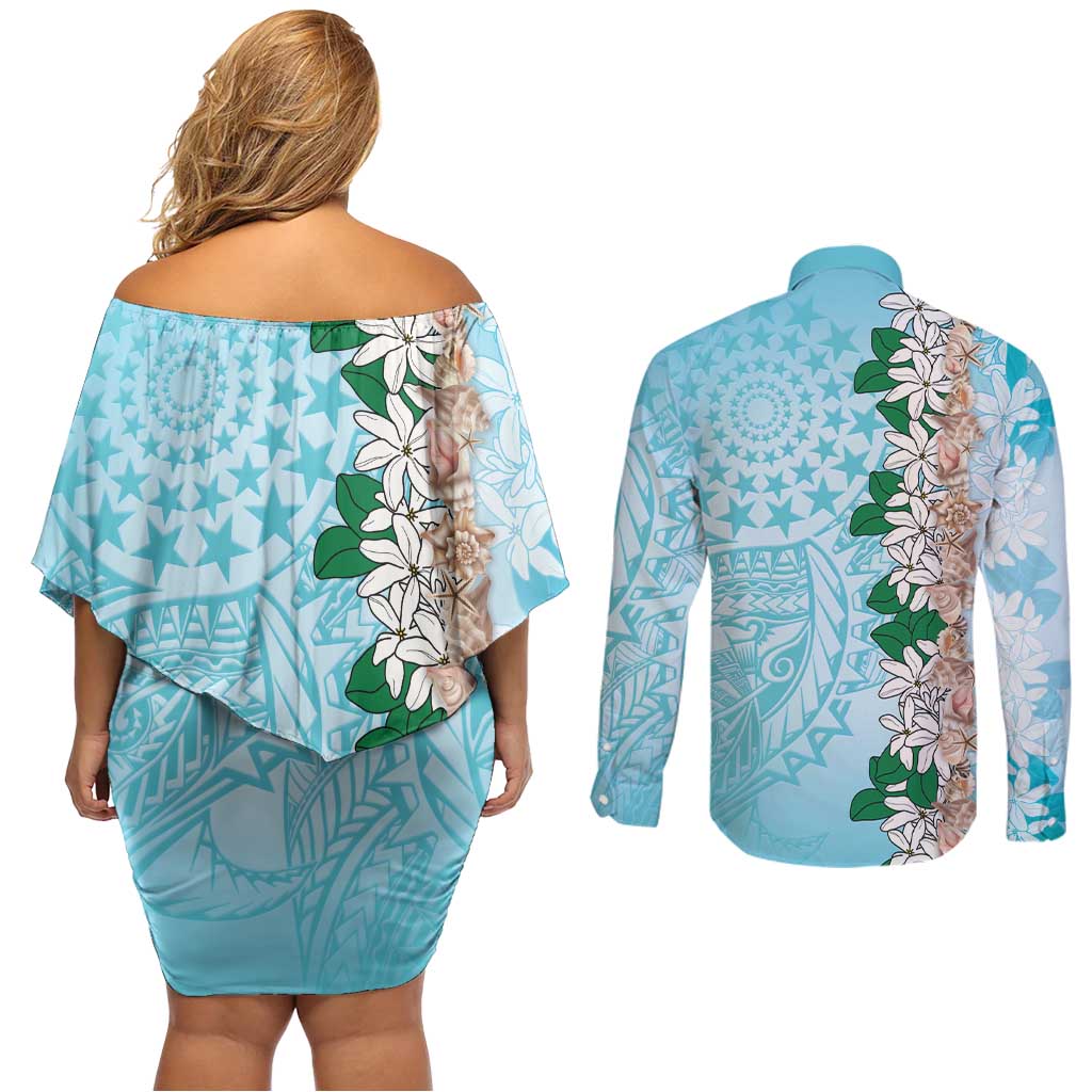 Cook Islands Tiare Maori With Conch Shell Couples Matching Off Shoulder Short Dress and Long Sleeve Button Shirt Pasifika Fest Polynesian Tattoo Turquoise