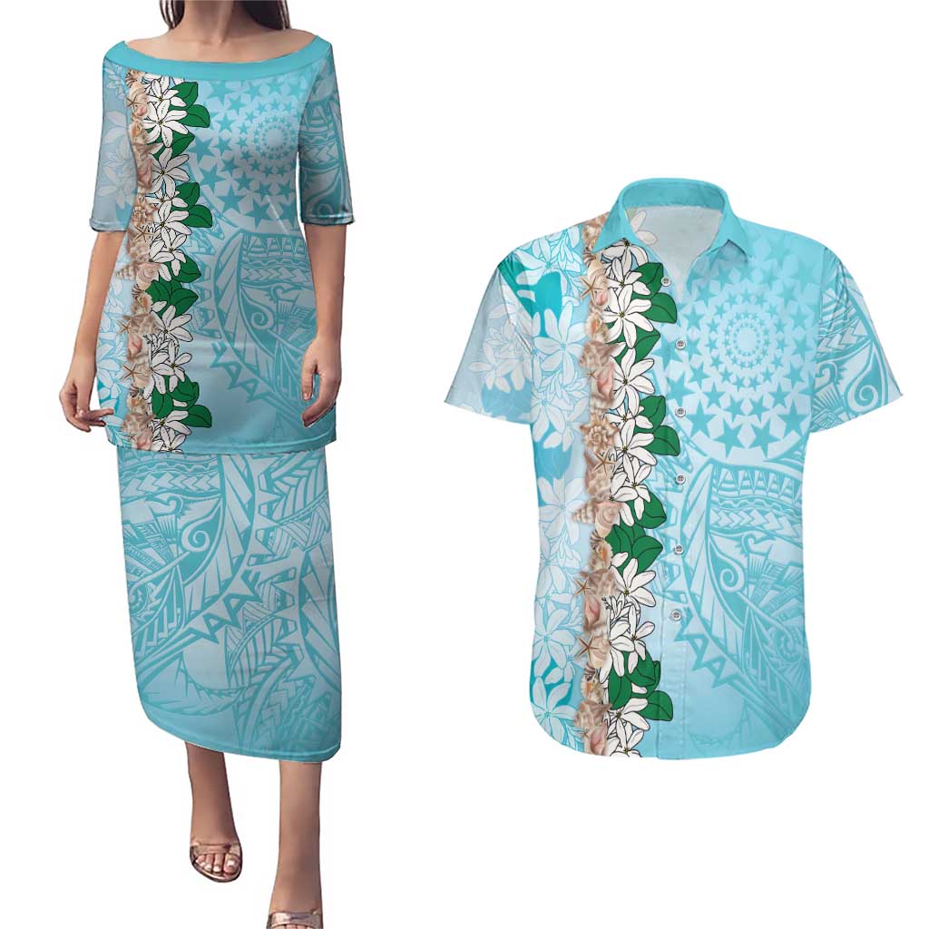 Cook Islands Tiare Maori With Conch Shell Couples Matching Puletasi and Hawaiian Shirt Pasifika Fest Polynesian Tattoo Turquoise