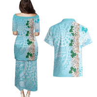 Cook Islands Tiare Maori With Conch Shell Couples Matching Puletasi and Hawaiian Shirt Pasifika Fest Polynesian Tattoo Turquoise