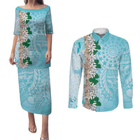 Cook Islands Tiare Maori With Conch Shell Couples Matching Puletasi and Long Sleeve Button Shirt Pasifika Fest Polynesian Tattoo Turquoise