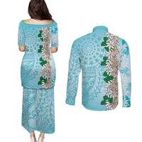 Cook Islands Tiare Maori With Conch Shell Couples Matching Puletasi and Long Sleeve Button Shirt Pasifika Fest Polynesian Tattoo Turquoise