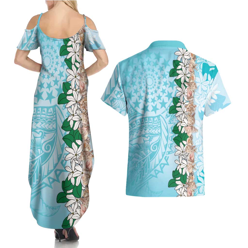 Cook Islands Tiare Maori With Conch Shell Couples Matching Summer Maxi Dress and Hawaiian Shirt Pasifika Fest Polynesian Tattoo Turquoise