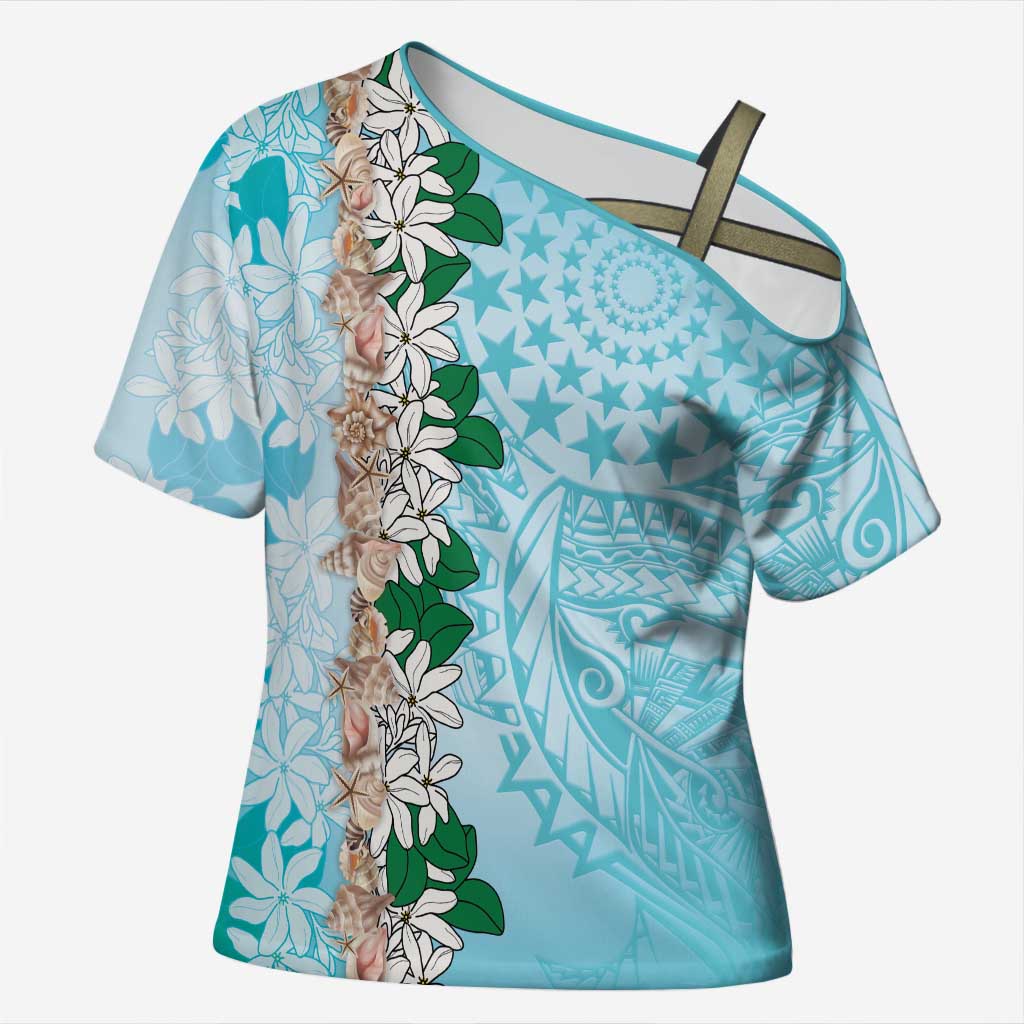 Cook Islands Tiare Maori With Conch Shell Cross Shoulder Shirt Pasifika Fest Polynesian Tattoo Turquoise