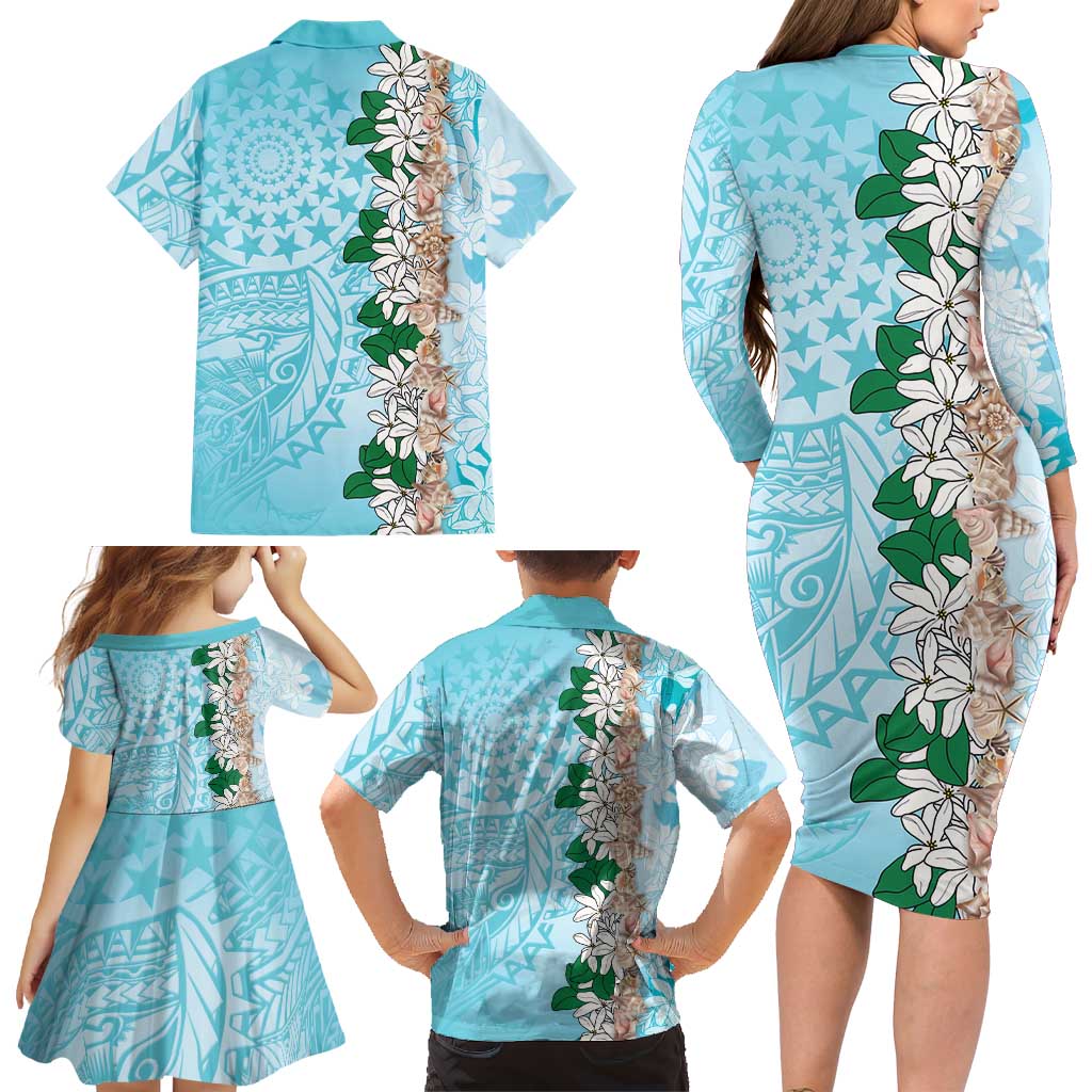 Cook Islands Tiare Maori With Conch Shell Family Matching Long Sleeve Bodycon Dress and Hawaiian Shirt Pasifika Fest Polynesian Tattoo Turquoise LT14 - Polynesian Pride