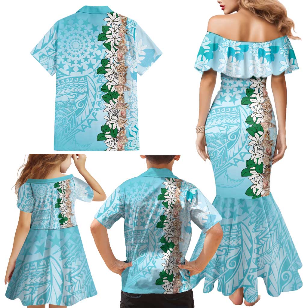 Cook Islands Tiare Maori With Conch Shell Family Matching Mermaid Dress and Hawaiian Shirt Pasifika Fest Polynesian Tattoo Turquoise LT14 - Polynesian Pride