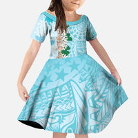Cook Islands Tiare Maori With Conch Shell Family Matching Off Shoulder Maxi Dress and Hawaiian Shirt Pasifika Fest Polynesian Tattoo Turquoise LT14 Daughter's Dress Turquoise - Polynesian Pride