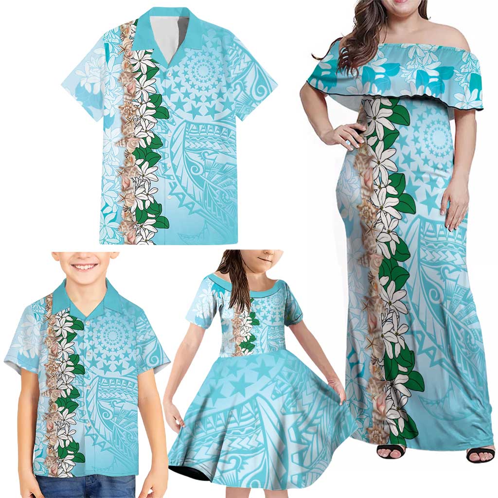 Cook Islands Tiare Maori With Conch Shell Family Matching Off Shoulder Maxi Dress and Hawaiian Shirt Pasifika Fest Polynesian Tattoo Turquoise