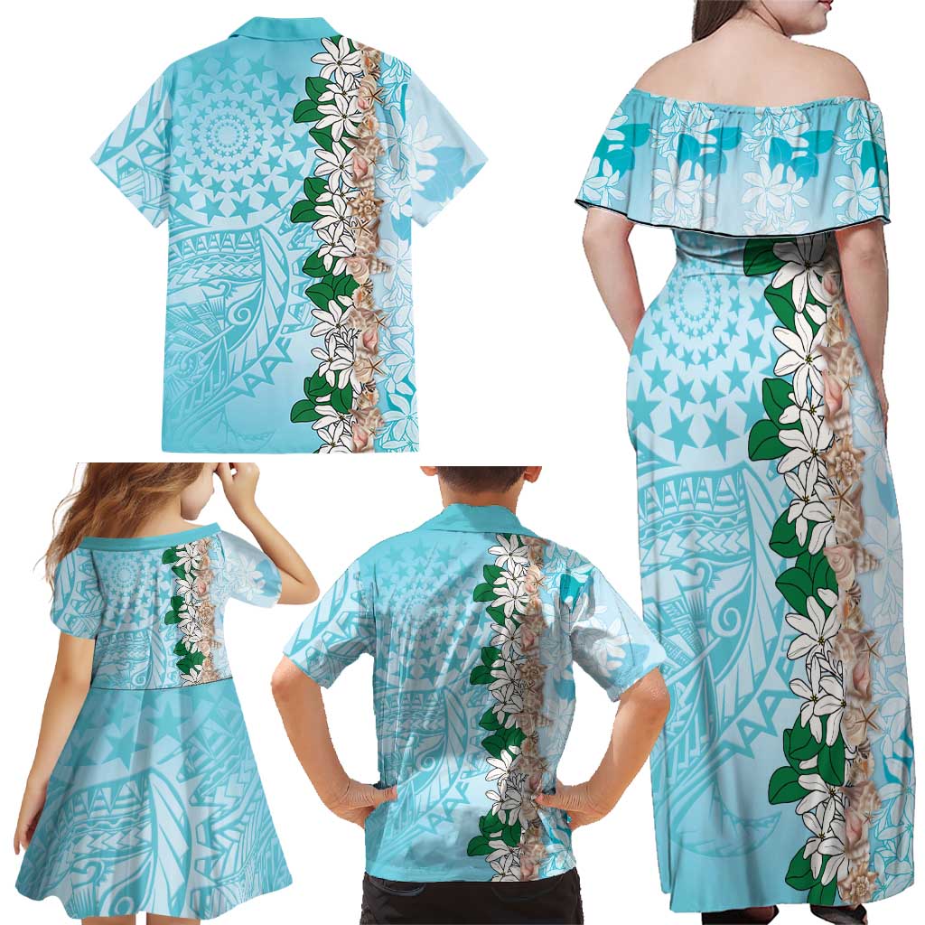 Cook Islands Tiare Maori With Conch Shell Family Matching Off Shoulder Maxi Dress and Hawaiian Shirt Pasifika Fest Polynesian Tattoo Turquoise LT14 - Polynesian Pride