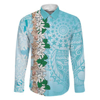 Cook Islands Tiare Maori With Conch Shell Family Matching Off Shoulder Short Dress and Hawaiian Shirt Pasifika Fest Polynesian Tattoo Turquoise LT14 Dad's Shirt - Long Sleeve Turquoise - Polynesian Pride