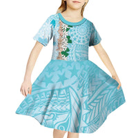 Cook Islands Tiare Maori With Conch Shell Kid Short Sleeve Dress Pasifika Fest Polynesian Tattoo Turquoise
