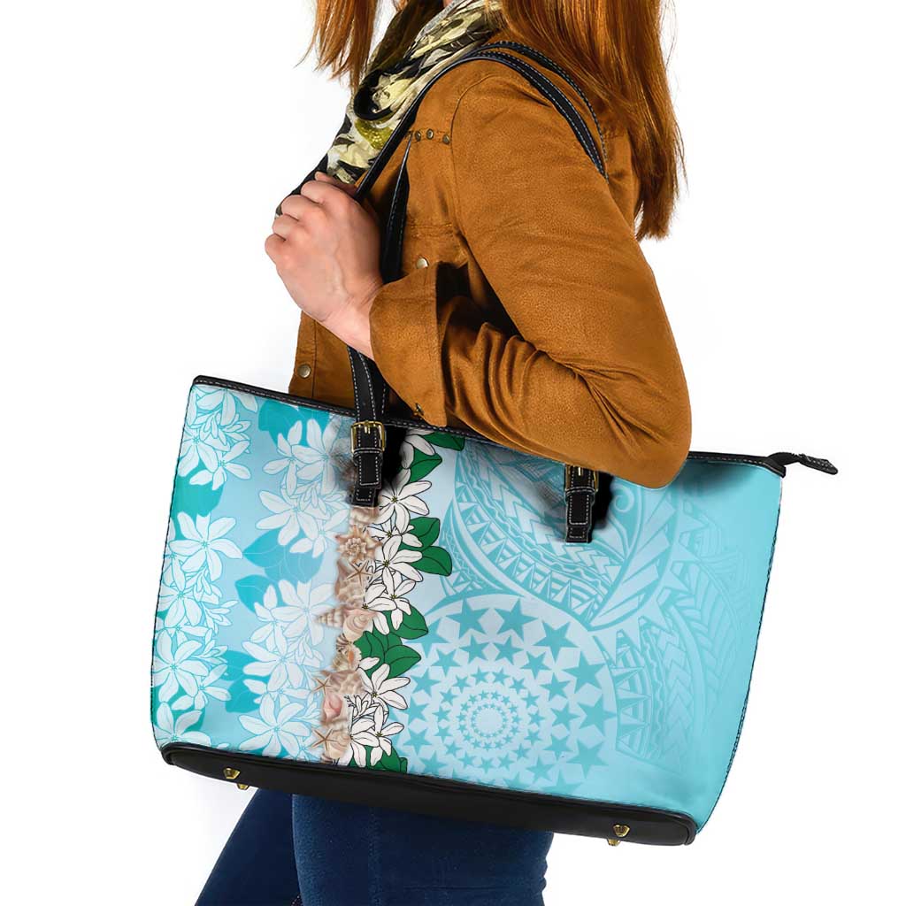 Cook Islands Tiare Maori With Conch Shell Leather Tote Bag Pasifika Fest Polynesian Tattoo Turquoise