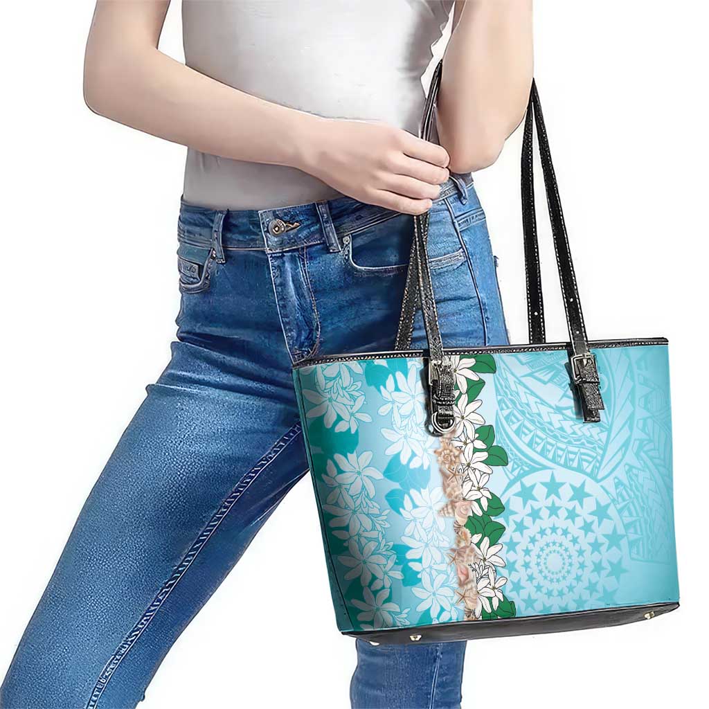 Cook Islands Tiare Maori With Conch Shell Leather Tote Bag Pasifika Fest Polynesian Tattoo Turquoise
