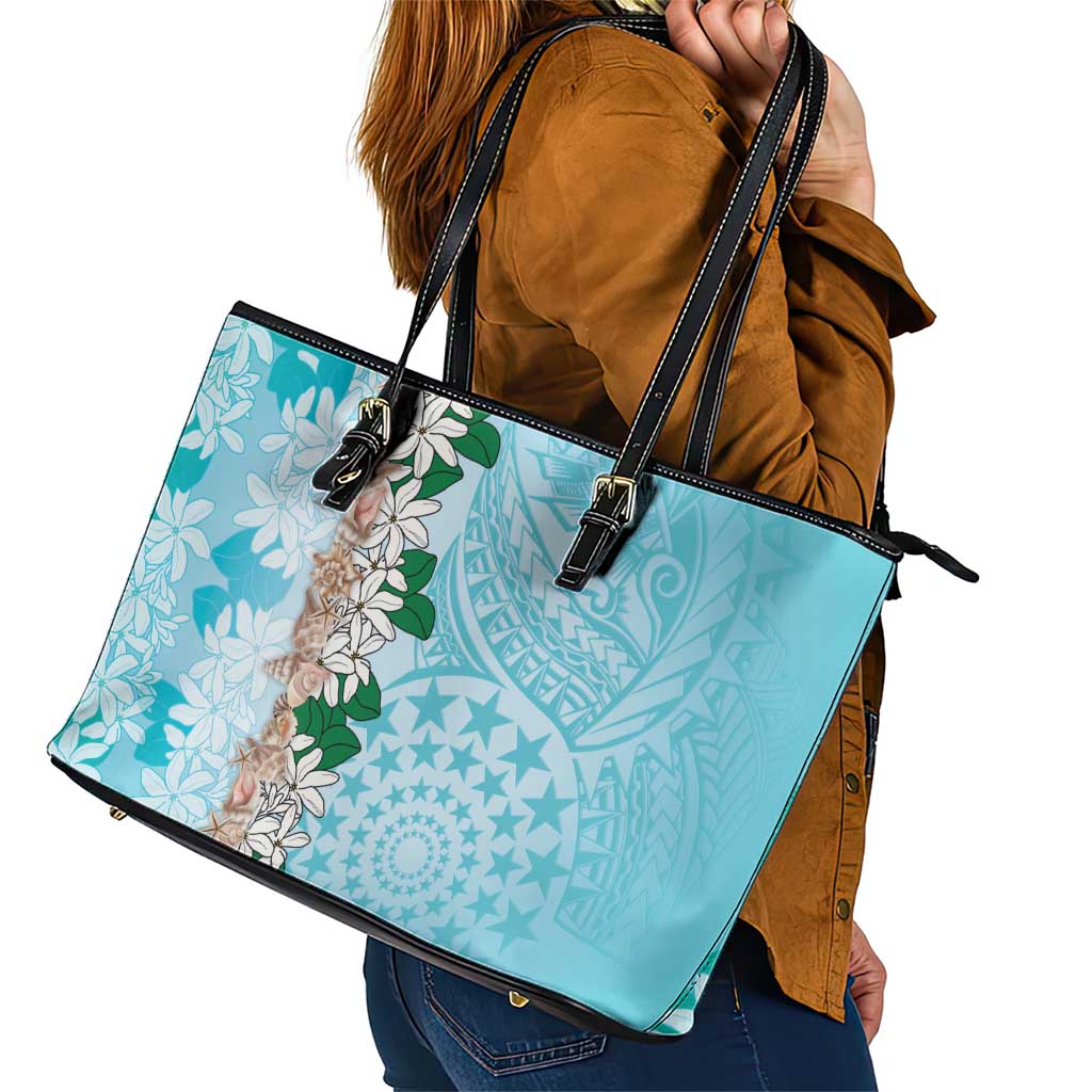 Cook Islands Tiare Maori With Conch Shell Leather Tote Bag Pasifika Fest Polynesian Tattoo Turquoise