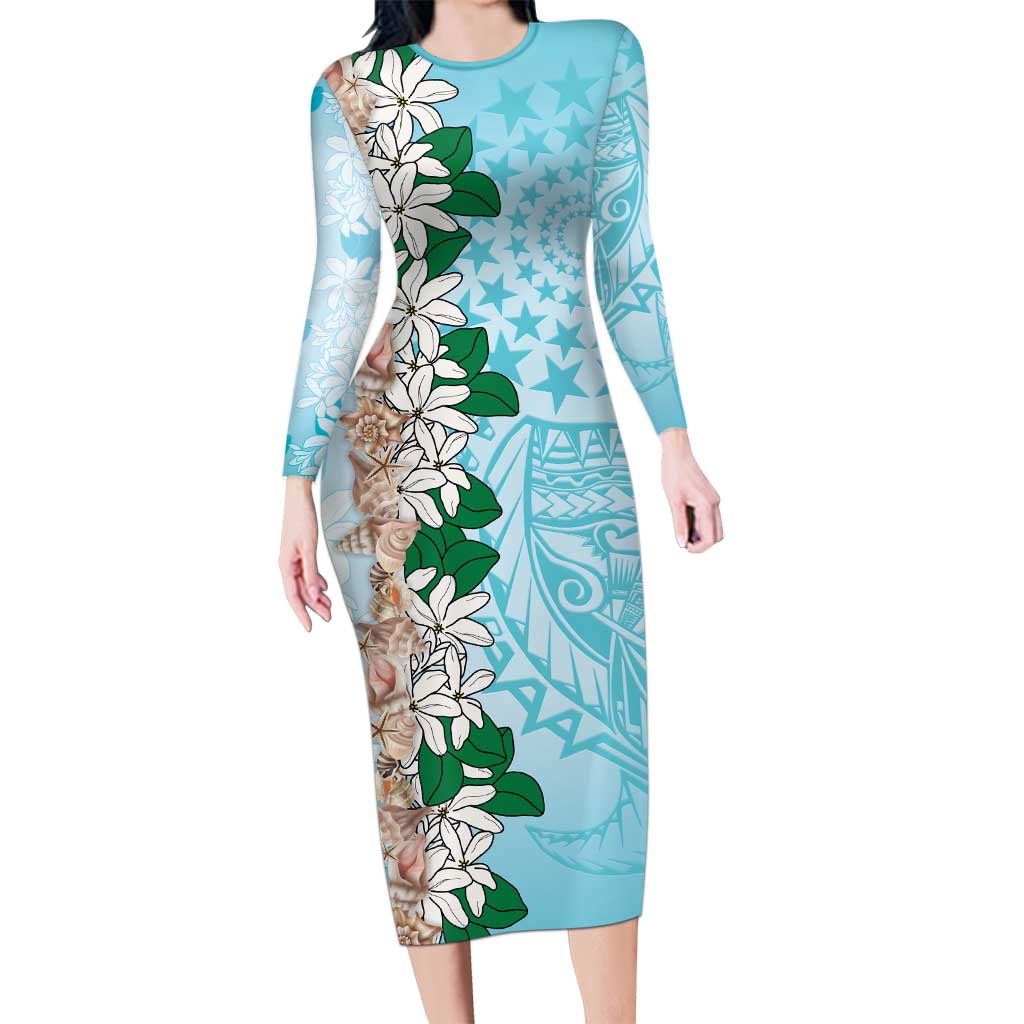 Cook Islands Tiare Maori With Conch Shell Long Sleeve Bodycon Dress Pasifika Fest Polynesian Tattoo Turquoise