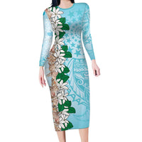 Cook Islands Tiare Maori With Conch Shell Long Sleeve Bodycon Dress Pasifika Fest Polynesian Tattoo Turquoise